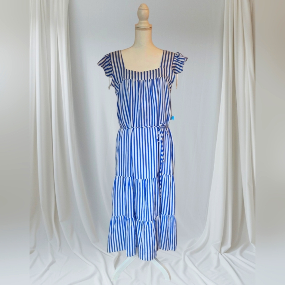 Draper James MIDI sun Dress Blue And White Striped, Sz MEDIUM.